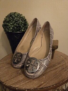 TORY BURCH Reva Black Biege Snakeskin Print Slip-In Ballet Flats Women's SZ 10.5